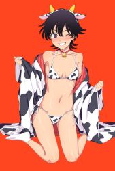 Rule 34 | 1girl, ;d, animal ears, animal print, bare shoulders, bell, bikini, black hair, blush, breasts, choker, collarbone, copyright request, cow ears, cow horns, cow print, closed eyes, fake animal ears, fake horns, full body, grin, highres, horns, japanese clothes, kimono, kneeling, kumadano, long sleeves, navel, neck bell, off shoulder, one eye closed, open clothes, open kimono, open mouth, pink choker, print kimono, purple eyes, red background, ribbon, short hair, side-tie bikini bottom, simple background, small breasts, smile, socks, solo, stomach, swimsuit, teeth, tomboy, white ribbon, white socks, wide sleeves