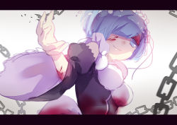 Rule 34 | 1girl, black dress, blood, blood on face, blue eyes, blue hair, breasts, chain, detached sleeves, dress, hair ornament, hair over one eye, highres, letterboxed, looking at viewer, maid headdress, medium breasts, outstretched hand, re:zero kara hajimeru isekai seikatsu, rem (re:zero), roswaal mansion maid uniform, short hair, smile, solo, sylvia (huajiuhuajiu), underbust, upper body, vignetting, white background, wide sleeves, x hair ornament