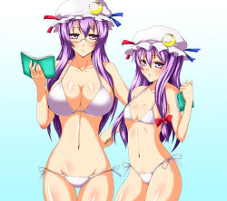 Rule 34 | 2girls, age comparison, bad id, bad pixiv id, bespectacled, bikini, book, breasts, crescent, crescent hat ornament, dual persona, female focus, flat chest, glasses, hat, hat ornament, iwamoto eiri, large breasts, long hair, multiple girls, aged up, patchouli knowledge, purple eyes, purple hair, side-tie bikini bottom, swimsuit, time paradox, touhou