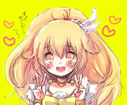 Rule 34 | 10s, 1girl, blonde hair, blush, bow, cure peace, double v, hair flaps, heart, kise yayoi, long hair, looking at viewer, open mouth, precure, simple background, smile, smile precure!, solo, v, yellow background, yellow bow, yellow eyes, yellow theme, yoshizoe eiko