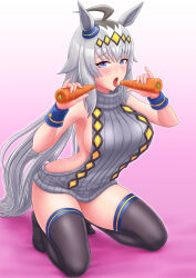 Rule 34 | 1girl, ahoge, alternate costume, animal ears, aonuma kiyoharu, armpits, bare shoulders, black thighhighs, blue eyes, blush, breasts, carrot, commentary request, gradient background, grey hair, grey sweater, hair between eyes, highres, holding, holding carrot, horse ears, horse girl, horse tail, kneeling, large breasts, long hair, looking at viewer, meme attire, multicolored hair, oguri cap (umamusume), open mouth, pink background, ribbed sweater, sexually suggestive, sideboob, sleeveless, sleeveless sweater, solo, streaked hair, sweater, tail, thighhighs, turtleneck, turtleneck sweater, umamusume, very long hair, virgin killer sweater, wrist cuffs