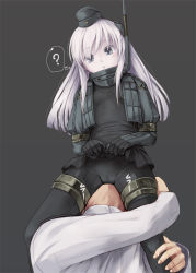Rule 34 | 10s, 1boy, 1girl, :c, ?, admiral (kancolle), between legs, black dress, black pantyhose, cameltoe, clothes lift, cowboy shot, cropped jacket, cunnilingus, cunnilingus through clothes, dress, dress lift, face in crotch, garrison cap, grey background, grey eyes, hat, hetero, kantai collection, kirishima satoshi, long hair, long sleeves, microskirt, military, military uniform, oral, pale skin, pantyhose, pleated skirt, sexually suggestive, silver hair, simple background, sitting, sitting on face, sitting on person, skirt, spoken question mark, thought bubble, u-511 (kancolle), uniform