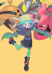 Rule 34 | 1girl, :d, absurdres, alternate color, arms up, black footwear, black skirt, blue jacket, blush stickers, boots, braid, bright pupils, brown mittens, commentary request, creatures (company), electivire, eyelashes, fur hat, game freak, gen 4 pokemon, green eyes, green hair, green headwear, green pantyhose, hair between eyes, hat, highres, hiro (user negm3832), jacket, leg up, long hair, long sleeves, magmortar, mittens, nintendo, open mouth, pantyhose, pokemon, pokemon (creature), pokemon legends: arceus, rhyperior, sabi (pokemon), shiny pokemon, skirt, smile, standing, standing on one leg, teeth, tongue, twin braids, twintails, upper teeth only