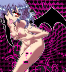 Rule 34 | 1girl, abstract background, blue hair, breasts, eyelashes, fang, grabbing own breast, hair over one eye, heart, muntaro, nipples, nude, red eyes, remilia scarlet, shiny skin, small breasts, solo, tongue, tongue out, touhou