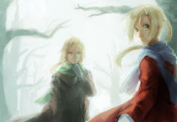 Rule 34 | 00s, 2boys, alphonse elric, bad id, bad pixiv id, blonde hair, brothers, coat, edward elric, forest, fullmetal alchemist, gloves, highres, looking back, minako (mdr), multiple boys, nature, ponytail, scarf, siblings, white gloves, winter, yellow eyes