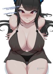 Rule 34 | 1girl, absurdres, bare shoulders, black hair, blush, breasts, collarbone, crystal horns, demon horns, english text, highres, hololive, hololive english, horns, large breasts, long hair, looking at viewer, mole, mole under eye, myth1carts, navel, nerissa ravencroft, nerissa ravencroft (1st costume), nipples, panties, patreon logo, pixiv logo, red eyes, see-through, solo, tears, twitter logo, underwear, virtual youtuber