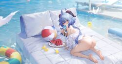 Rule 34 | 1girl, absurdres, ahoge, all fours, alter (j alter7), ass, ball, bare shoulders, barefoot, beachball, bed, bikini, bird, bracelet, chick, day, food, food in mouth, fork, from behind, fruit, full body, ganyu (genshin impact), genshin impact, goat horns, highres, holding, holding food, holding popsicle, horns, innertube, jewelry, long hair, looking at viewer, looking back, off shoulder, outdoors, plate, pool, popsicle, popsicle in mouth, rubber duck, seagull, shirt, solo, swim ring, swimsuit, thighs, very long hair, water, watermelon, watermelon slice, wavy hair, wet, white bikini, white shirt