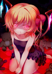 Rule 34 | 1girl, black dress, blood, blood on face, blush, bow, collarbone, darkness, dress, flandre scarlet, gaga, glowing, glowing eyes, glowing wings, hair bow, highres, looking at viewer, pink eyes, side ponytail, sitting, slit pupils, smile, solo, sparkle, strapless, strapless dress, stuffed animal, stuffed rabbit, stuffed toy, teddy bear, touhou, v arms, wariza, wings