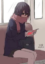 Rule 34 | 10s, 1girl, bag, black hair, blush, book, brown eyes, character name, enoshito, gloves, haguro (kancolle), hair ornament, holding, holding book, image sample, kantai collection, long sleeves, miniskirt, open book, pantyhose, reading, scarf, short hair, sitting, skirt, solo, white gloves, white pantyhose, window, winter clothes