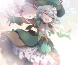 Rule 34 | 1girl, :d, blush, breasts, creature, cyawa, gloves, green gloves, green hair, green hat, green necktie, green skirt, hat, made in abyss, medium hair, meinya (made in abyss), multicolored hair, necktie, open mouth, outstretched arms, prushka, shirt, skirt, small breasts, smile, solo, spread arms, standing, streaked hair, two-tone hair, white hair, white shirt