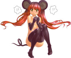 Rule 34 | !?, 1girl, animal ears, blush, elbow gloves, gloves, mouse ears, mouse tail, no panties, onono imoko, red hair, sitting, solo, surprised, tail, thighhighs, topless, twintails, whiskers, yellow eyes