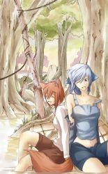 Rule 34 | 2girls, animal ears, bare shoulders, blue eyes, blue hair, breasts, closed eyes, forest, midriff, multiple girls, nature, navel, open mouth, red hair, tail, water, wood
