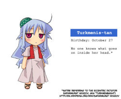 Rule 34 | 1girl, afghanis-tan, afuganisu-tan, blank stare, blue hair, blush, character profile, chibi, dress, hat, looking at viewer, lowres, open clothes, open vest, parody, pink dress, red eyes, sandals, simple background, solo, standing, text focus, timaking, turkmenis-tan, vest, white background