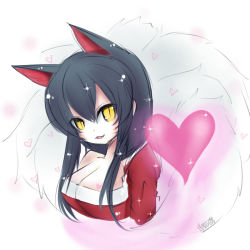 Rule 34 | 1girl, ahri (league of legends), animal ears, breasts, cleavage, facial mark, heart, large breasts, league of legends, neko baby, slit pupils, solo, whisker markings, yellow eyes