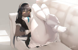 Rule 34 | 1girl, absurdres, apron, artist name, black dress, black hair, blue archive, blush, breasts, closed mouth, commentary request, couch, dark-skinned female, dark skin, dress, feet, gloves, highres, karin (blue archive), large breasts, legs up, long hair, looking at viewer, lying, maid, maid headdress, on back, on couch, pantyhose, puffy short sleeves, puffy sleeves, short sleeves, signature, soles, solo, spread toes, toes, vegetablenabe, very long hair, white apron, white gloves, white pantyhose, yellow eyes