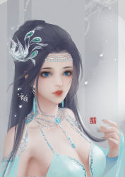Rule 34 | 1girl, artist request, bead necklace, beads, black hair, blue eyes, detached sleeves, doupo cangqiong, dress, earrings, falling petals, hair ornament, hand up, highres, jewelry, long hair, necklace, parted lips, petals, second-party source, solo, tassel, tassel earrings, upper body, white dress, yun yun (doupo cangqiong)