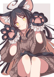 Rule 34 | 1girl, ahoge, animal ear fluff, animal ears, animal hands, ass, black hair, blush, brown hair, brown sweater, cat ears, cat paws, closed mouth, colored inner hair, daidai ookami, gloves, highres, long hair, long sleeves, looking at viewer, multicolored hair, original, paw gloves, smile, solo, sweater, wide sleeves, yellow eyes