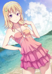 Rule 34 | 10s, 1girl, alternate costume, bare shoulders, beach, breasts, cloud, clover hair ornament, collarbone, commentary request, day, e20, frills, hair bobbles, hair ornament, hairband, hand on own hip, high school fleet, highres, looking at viewer, low twintails, ocean, outdoors, purple eyes, sand, sky, sleeveless, small breasts, smile, solo, twintails, wakasa reo