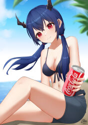 Rule 34 | 1girl, arknights, bare legs, bare shoulders, beach, black shorts, blue hair, blue sky, blurry, blurry background, breasts, can, ch&#039;en (arknights), cleavage, cloud, coca-cola, commentary, day, dragon horns, drink can, holding, holding can, horns, long hair, looking at viewer, medium breasts, navel, red eyes, short shorts, shorts, sky, smile, soda can, solo, stomach, thighs, xsan vanny