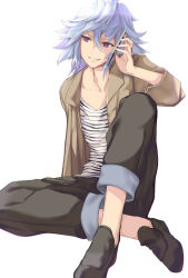 Rule 34 | 1boy, alternate costume, blue hair, fate/stay night, fate (series), hair between eyes, hand between eyes, highres, jacket, loafers, male focus, merlin (fate/stay night), no socks, open clothes, open jacket, pants, parted lips, purple eyes, satou daiji, shoes, sidelocks, silver hair, simple background, sitting, smile, solo, talking on phone, white background