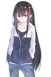 Rule 34 | 1girl, black hair, black shirt, blue eyes, blue pants, blunt bangs, closed mouth, commentary request, cowboy shot, denim, hands in pockets, highres, hood, hoodie, jeans, long hair, long sleeves, looking at viewer, original, pants, shirt, simple background, solo, white background, yuki arare