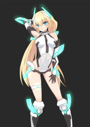 Rule 34 | 1girl, :&lt;, absurdres, angela balzac, arm behind head, arm up, armpits, bare shoulders, black background, black gloves, blonde hair, blue eyes, blush, bodysuit, boots, breasts, contrapposto, covered navel, cowboy shot, gloves, glowing, grey background, hair between eyes, hair ornament, halterneck, hand on own thigh, headgear, highleg, highleg leotard, highres, impossible clothes, impossible leotard, knee boots, large breasts, leotard, long hair, looking at viewer, low twintails, mr.blackcat666, neon trim, rakuen tsuihou, simple background, solo, standing, thigh strap, turtleneck, twintails, very long hair
