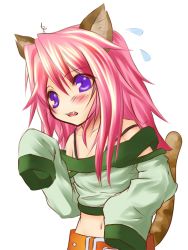Rule 34 | 10s, animal ears, belt, blush, cat (trickster), cat ears, cat tail, detached sleeves, fang, long hair, midriff, navel, open mouth, pink hair, purple eyes, simple background, solo, sweat, tail, trickster (ntreev soft), tsuukounin (pixiv 39749)