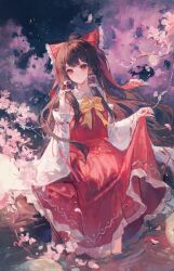 Rule 34 | 1girl, absurdres, bare shoulders, bow, bowtie, branch, brown hair, bud, cherry blossoms, closed mouth, collared shirt, detached sleeves, feet out of frame, frilled bow, frilled skirt, frills, gohei, hair bow, hair tubes, hakurei reimu, head tilt, highres, holding, long hair, looking at viewer, maccha (mochancc), night, night sky, outdoors, petals, pink eyes, red bow, red shirt, red skirt, redrawn, ribbon-trimmed sleeves, ribbon trim, shirt, sidelocks, skirt, skirt hold, skirt set, sky, sleeveless, sleeveless shirt, soaking feet, solo, star (sky), starry sky, touhou, water, yellow bow, yellow bowtie