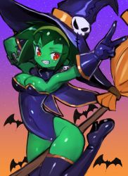 Rule 34 | 1girl, alternate costume, areola slip, armpits, bare arms, bare shoulders, bat (animal), blue skin, boots, breasts, broom, broom riding, capelet, cleavage, colored skin, dakusuta, earrings, facing viewer, gloves, green hair, green skin, grin, hairband, halloween, hat, high heel boots, high heels, highres, jewelry, leotard, looking at viewer, nipple slip, nipples, red eyes, rottytops, shantae (series), short hair, sidelocks, skull earrings, sky, smile, solo, star (sky), starry sky, strapless, strapless leotard, thigh boots, tsurime, v, witch, witch hat