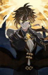 Rule 34 | 1boy, black gloves, black hair, blurry, blurry background, blurry foreground, brown hair, closed mouth, cloud, cloudy sky, collared shirt, earrings, formal, genshin impact, gloves, glowing, glowing eyes, hair between eyes, highres, jacket, jewelry, long hair, long sleeves, looking at viewer, male focus, multicolored hair, necktie, outdoors, outstretched hand, ponytail, ring, shirt, single earring, sky, solo, tassel, tassel earrings, thumb ring, trsnsuki, yellow eyes, zhongli (genshin impact)