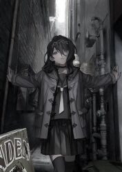 Rule 34 | 1girl, alley, black choker, black hair, black nails, black sailor collar, black serafuku, black shirt, black skirt, black thighhighs, choker, coat, collarbone, feet out of frame, grey eyes, grey jacket, hair between eyes, hairband, highres, industrial pipe, jacket, jewelry, long hair, long sleeves, looking afar, monochrome, nail polish, neckerchief, necktie, open clothes, open jacket, original, outdoors, outstretched arms, parted lips, pleated skirt, ring, sailor collar, school uniform, serafuku, shirt, sign, skirt, solo, spread arms, standing, thighhighs, xoxzxox, zettai ryouiki