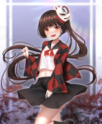 Rule 34 | 1girl, absurdres, argyle, black footwear, black sailor collar, black skirt, black socks, brown hair, commentary request, crop top, feet out of frame, flower, fox mask, han (hehuihuihui), highres, long hair, long sleeves, looking at viewer, mask, mask on head, midriff, navel, open clothes, open mouth, original, red flower, sailor collar, shirt, shoes, side ponytail, skirt, sleeves past wrists, socks, solo, spider lily, very long hair, white shirt, wide sleeves, yellow eyes