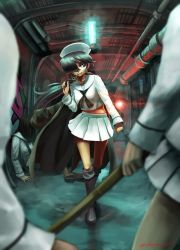 Rule 34 | 10s, 1girl, abazu-red, artist name, black footwear, black hair, black neckerchief, blouse, blue eyes, blurry, blurry foreground, boots, bow, carrying over shoulder, commentary request, depth of field, dixie cup hat, fallen down, full body, girls und panzer, graffiti, grin, hair bow, hat, hat feather, highres, holding, holding clothes, holding jacket, holding weapon, indoors, jacket, light, long hair, long sleeves, looking at another, military hat, miniskirt, mouth hold, neckerchief, ogin (girls und panzer), ooarai naval school uniform, pipe in mouth, pleated skirt, red bow, sailor, sailor collar, school uniform, ship interior, shirt, signature, skirt, smile, smoke, smoking pipe, solo focus, standing, steam, sword, weapon, white hat, white shirt, white skirt, wooden sword