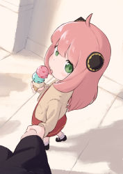 Rule 34 | 1girl, absurdres, anya (spy x family), commentary request, food, green eyes, highres, ice cream, long sleeves, looking at viewer, pink hair, pov, short hair, solo focus, spy x family, tamura-chan, tongue, tongue out, walking