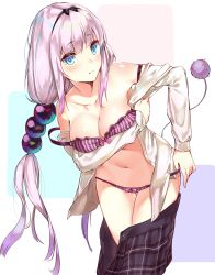 Rule 34 | 10s, 1girl, aged up, bare shoulders, beads, black bow, black hairband, black skirt, blue eyes, bow, bow bra, bow panties, bra, breasts, closed mouth, clothes pull, collarbone, commentary request, cowboy shot, dragon girl, gradient hair, hair beads, hair ornament, hairband, highres, kaerunoko, kanna kamui, kobayashi-san chi no maidragon, leaning to the side, legs together, light purple hair, long hair, long sleeves, looking at viewer, low twintails, medium breasts, midriff, multicolored hair, navel, no horns, open clothes, open shirt, panties, panty pull, plaid, plaid skirt, pleated skirt, pulling own clothes, purple bow, purple bra, purple hair, purple panties, revision, shirt, shirt pull, skirt, skirt aside, solo, striped bra, striped clothes, striped panties, tail, thigh gap, twintails, unbuttoned, underwear, undressing, unzipped, vertical-striped bra, vertical-striped clothes, vertical-striped panties, very long hair
