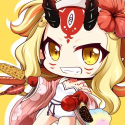 Rule 34 | 1girl, bare shoulders, blonde hair, brown eyes, candy apple, chibi, chocolate banana, corn, corn cob, cotton candy, dutch angle, facial mark, fang, fate/grand order, fate (series), floral print, flower, food, forehead mark, grin, hair flower, hair ornament, holding, holding food, horns, ibaraki douji (fate), ibaraki douji (fate/grand order), ibaraki douji (swimsuit lancer) (fate), ibaraki douji (swimsuit lancer) (second ascension) (fate), japanese clothes, kimono, long hair, long sleeves, looking at viewer, one-piece swimsuit, oni, oni horns, open clothes, open kimono, parted bangs, pink kimono, print kimono, red flower, revision, sausage, shachoo., shadow, smile, solo, strapless, strapless one-piece swimsuit, swimsuit, very long hair, white one-piece swimsuit, wide sleeves, yellow background