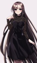 Rule 34 | 1girl, absurdres, alternate costume, alternate hairstyle, black dress, brown eyes, brown hair, commentary request, dress, fate/grand order, fate (series), fishnet sleeves, fishnets, highres, lace, lace-trimmed dress, lace trim, light blush, long hair, looking at viewer, medium dress, nail polish, red nails, seeds328, solo, very long hair, xiang yu (fate)