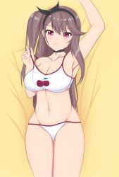 Rule 34 | 1girl, absurdres, armpits, azur lane, black choker, blush, breasts, choker, cleavage, closed mouth, collarbone, fnzz, hairband, hand up, highres, light brown hair, long hair, looking at viewer, lying, medium breasts, navel, official alternate costume, on back, pamiat merkuria (azur lane), pamiat merkuria (sweet cherry memories) (azur lane), panties, purple eyes, side ponytail, smile, solo, sports bra, underwear, white panties, yellow background