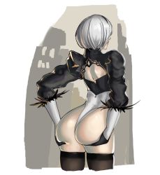 Rule 34 | 1girl, ass, ass grab, ass support, back cutout, clothing cutout, elbow gloves, from behind, gloves, grabbing own ass, hairband, highres, huge ass, juliet sleeves, leotard, long sleeves, mayikillyou, nier (series), nier:automata, puffy sleeves, short hair, solo, thighhighs, white hair, 2b (nier:automata)