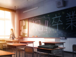 Rule 34 | board eraser, chalkboard, classroom, desk, indoors, kamoi kouji, light, light rays, school, school desk, sitting, solo, sunbeam, sunlight, translated, window