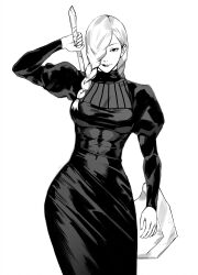 Rule 34 | 1girl, absurdres, axe, black dress, braid, dress, hair over face, highres, holding, holding axe, jujutsu kaisen, looking at viewer, mei mei (jujutsu kaisen), monochrome, standing, tight clothes, tight dress, uqi32, white background