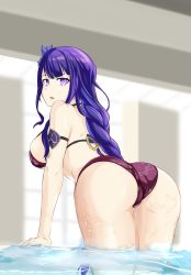 Rule 34 | 1girl, artist request, ass, bare shoulders, bikini, braid, breasts, from behind, genshin impact, hair ornament, hairpin, highres, large breasts, leaning, leaning forward, long hair, looking at viewer, open mouth, purple eyes, purple hair, raiden shogun, shiny skin, sideboob, single braid, solo, swimsuit, very long hair, water, wet, wet clothes, wet hair