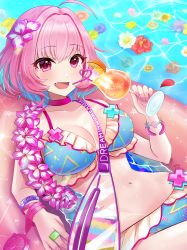 Rule 34 | 1girl, afloat leaves, ahoge, aqua bikini, aqua hair, bag, between breasts, bikini, blush, bob cut, bracelet, breasts, cellphone, choker, cleavage, collarbone, colored inner hair, dot nose, fang, flower, flower necklace, frilled bikini, frills, glint, groin, hair between eyes, hair flower, hair intakes, hair ornament, handheld fan, hibiscus, highres, holding, idolmaster, idolmaster cinderella girls, idolmaster cinderella girls starlight stage, innertube, jewelry, large breasts, lei, looking at viewer, lying, lying on water, multicolored hair, nail polish, navel, necklace, official alternate costume, open mouth, phone, pink choker, pink eyes, pink flower, pink hair, pink innertube, pink nails, raised eyebrows, sakura ran, smartphone, smile, solo, sparkle, stomach, strap, strap between breasts, swim ring, swimsuit, tropical, tropical drink, two-tone hair, water, wristband, yumemi riamu