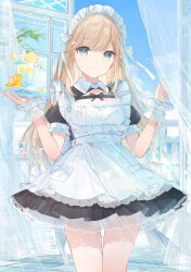 Rule 34 | 1girl, absurdres, alternate costume, apron, black dress, blonde hair, blush, breasts, commentary, dress, enmaided, frilled apron, frilled dress, frills, green eyes, hair ornament, hairclip, highres, long hair, looking at viewer, maid, maid apron, maid headdress, mochitsuki usa, original, puffy sleeves, small breasts, smile, solo, symbol-only commentary, waist apron, white apron, window, wrist cuffs