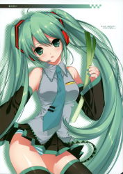 Rule 34 | 1girl, absurdres, aqua nails, bare shoulders, black thighhighs, blush, detached sleeves, dmyotic, green eyes, green hair, hatsune miku, headset, highres, long hair, matching hair/eyes, microphone, nail polish, necktie, panties, pantyshot, shirahane nao, solo, spring onion, striped clothes, striped panties, thighhighs, underwear, vocaloid, zettai ryouiki