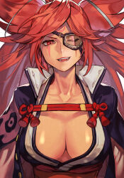 Rule 34 | 1girl, arc system works, baiken, big hair, black kimono, breasts, cleavage, eyepatch, facial tattoo, goggles, guilty gear, guilty gear strive, hungry clicker, japanese clothes, kimono, large breasts, looking at viewer, multicolored clothes, multicolored kimono, one-eyed, open clothes, open kimono, ponytail, red eyes, red hair, samurai, scar, scar across eye, scar on face, smile, solo, tattoo, upper body, white background