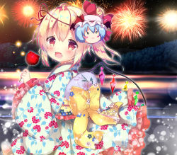 Rule 34 | 1girl, :d, aerial fireworks, ahoge, alternate costume, blonde hair, blush, bow, candy apple, commentary request, crystal, fang, fireworks, flandre scarlet, floral print, food, frilled sleeves, frills, hair between eyes, hair bun, hand up, holding, holding food, japanese clothes, kimono, lake, long hair, long sleeves, looking at viewer, looking to the side, mask, mask on head, night, night sky, obi, open mouth, outdoors, print kimono, red eyes, remilia scarlet, rikatan, sash, side ponytail, single side bun, sky, smile, solo, star (sky), starry sky, touhou, water, white kimono, wide sleeves, wings, yellow bow, yukata