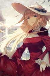 Rule 34 | 1girl, :d, animal, ascot, bird, black ribbon, blonde hair, blue eyes, blush, breasts, brooch, building, day, diffraction spikes, dress, floating hair, flock, frederica (shiro seijo to kuro bokushi), frilled sleeves, frills, hat, hat ribbon, head tilt, jewelry, kazutake hazano, long hair, long sleeves, looking at viewer, medium breasts, open mouth, outdoors, red dress, ribbon, shiro seijo to kuro bokushi, sidelocks, skirt hold, sleeves past wrists, smile, solo, sparkle, standing, striped ribbon, sun hat, sunlight, white ascot, white hat, wide sleeves