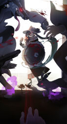 absurdres black_bow black_gloves blood bow creatures_(company) dark_miku_(project_voltage) game_freak gen_2_pokemon gen_5_pokemon gen_8_pokemon gloves hatsune_miku highres holding holding_microphone_stand holding_umbrella kamatoyu microphone_stand nintendo obstagoon pokemon project_voltage red_eyes twintails umbrella umbreon uneven_twintails vocaloid zorua