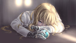 Rule 34 | 10s, 1girl, arm pillow, blonde hair, blue eyes, highres, ikori, jewelry, long hair, mechanical hands, messy hair, prosthesis, prosthetic hand, shirt, solo, very long hair, violet evergarden, violet evergarden (series), white shirt